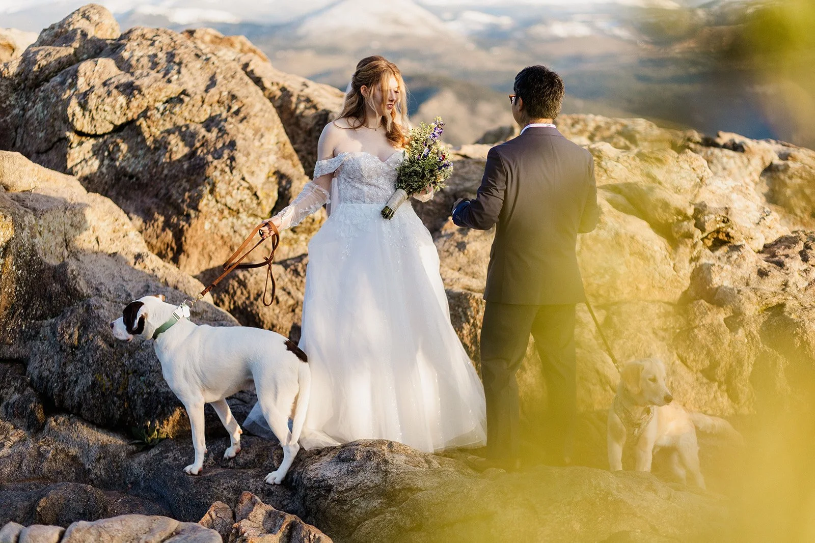 Bride laughing during their vows at Lost Gulch Overlook with her dog at her side