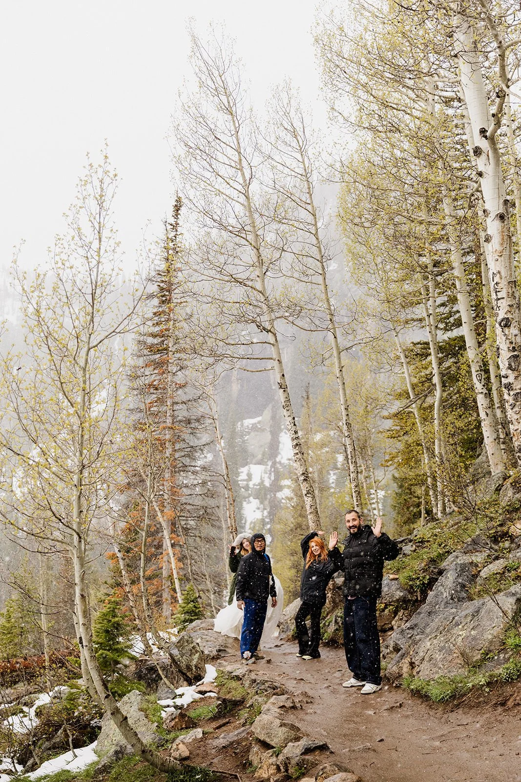 Couple and their friends pausing among the aspens on the way to Dream Lake