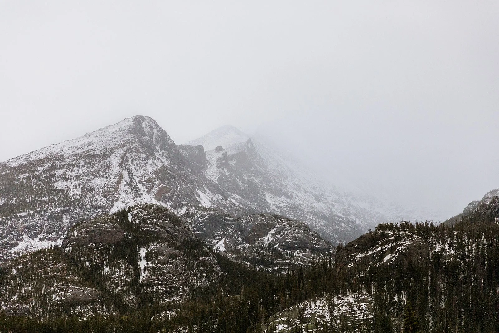 Storm clouds over snowy peaks in Rocky Mountain National Park