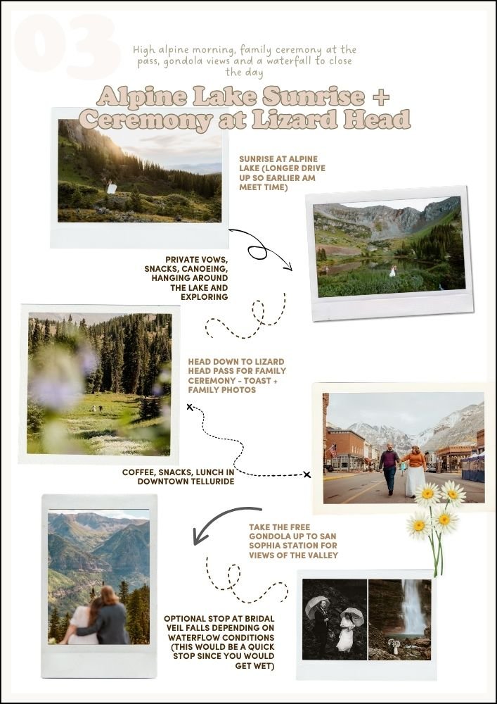 Second example of a full-day Colorado elopement timeline with split coverage