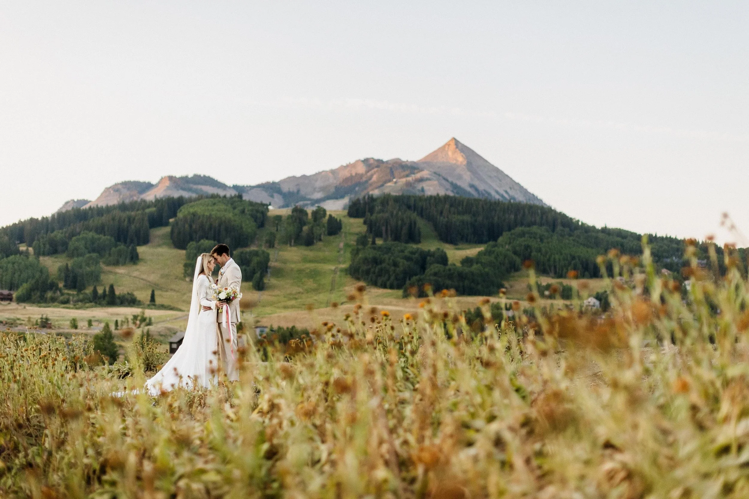 A bride and groom standing closely together in a field of flowers, with a mountain and forested hills in the background.