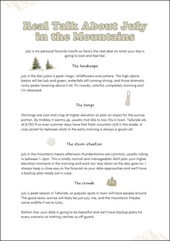 Sample Colorado elopement day timeline from sunrise first look to sunset vows