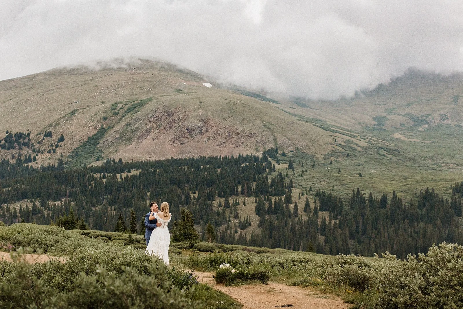 A bride and groom standing in a green field with mountains and forests in the background.