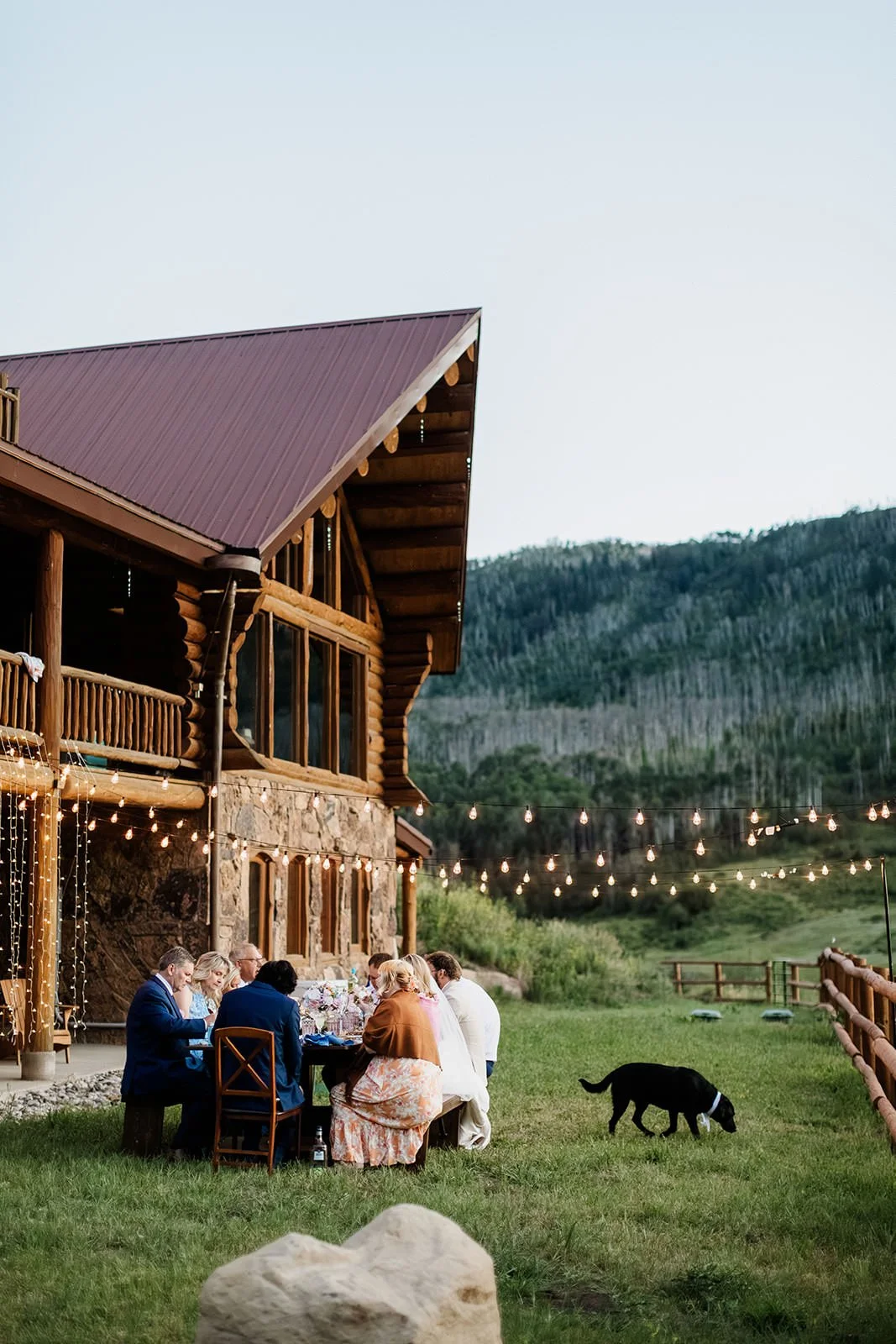 People having a meal outdoors in front of a rustic wooden cabin with string lights, a black dog walking nearby, and a mountain landscape in the background.