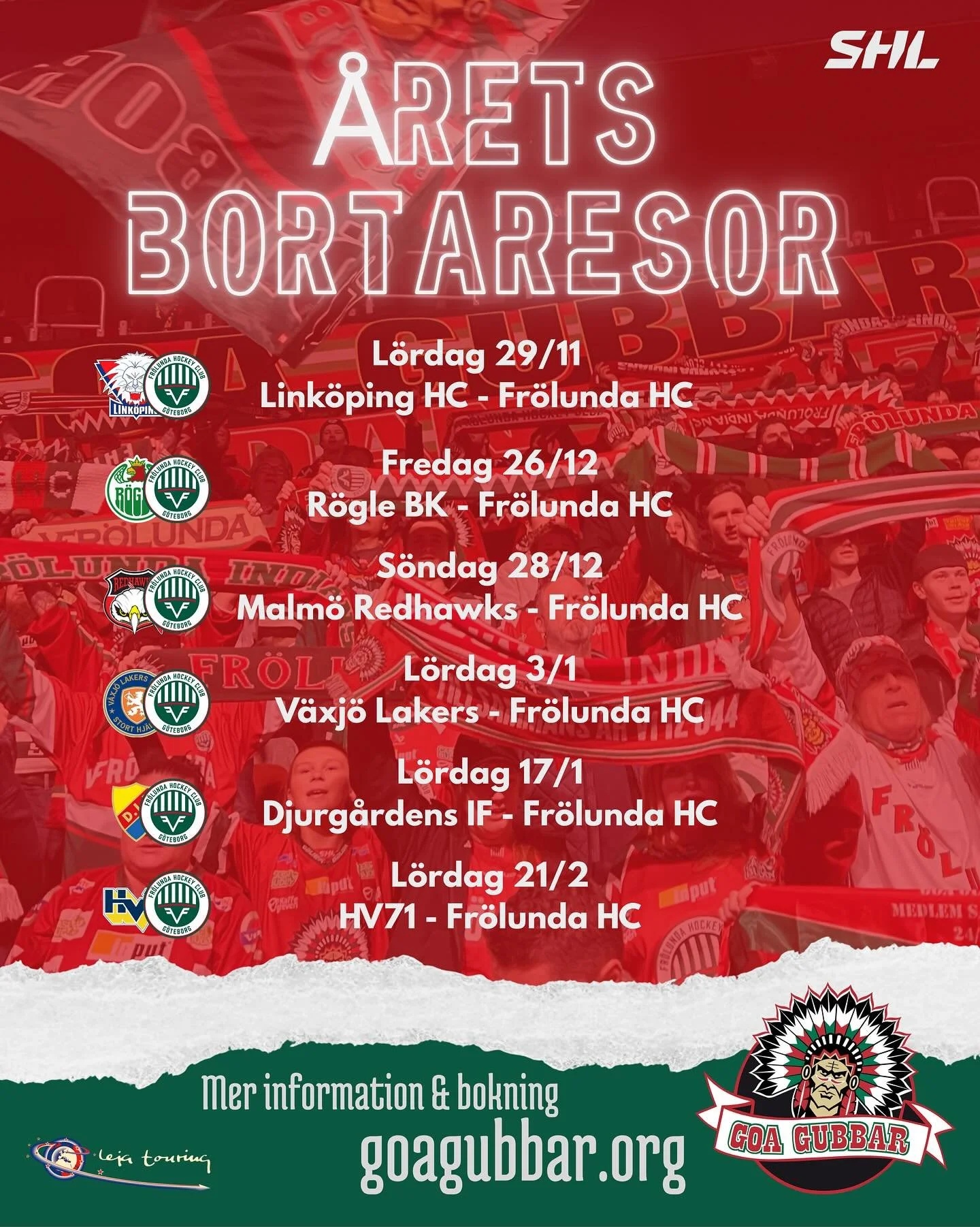Unna dig en bortaseger, h&auml;ng med oss ut p&aring; v&auml;garna!
Link&ouml;ping 29/11 har enbart ett f&aring;tal platser kvar! F&ouml;r bokning och mer information, bes&ouml;k www.goagubbar.org