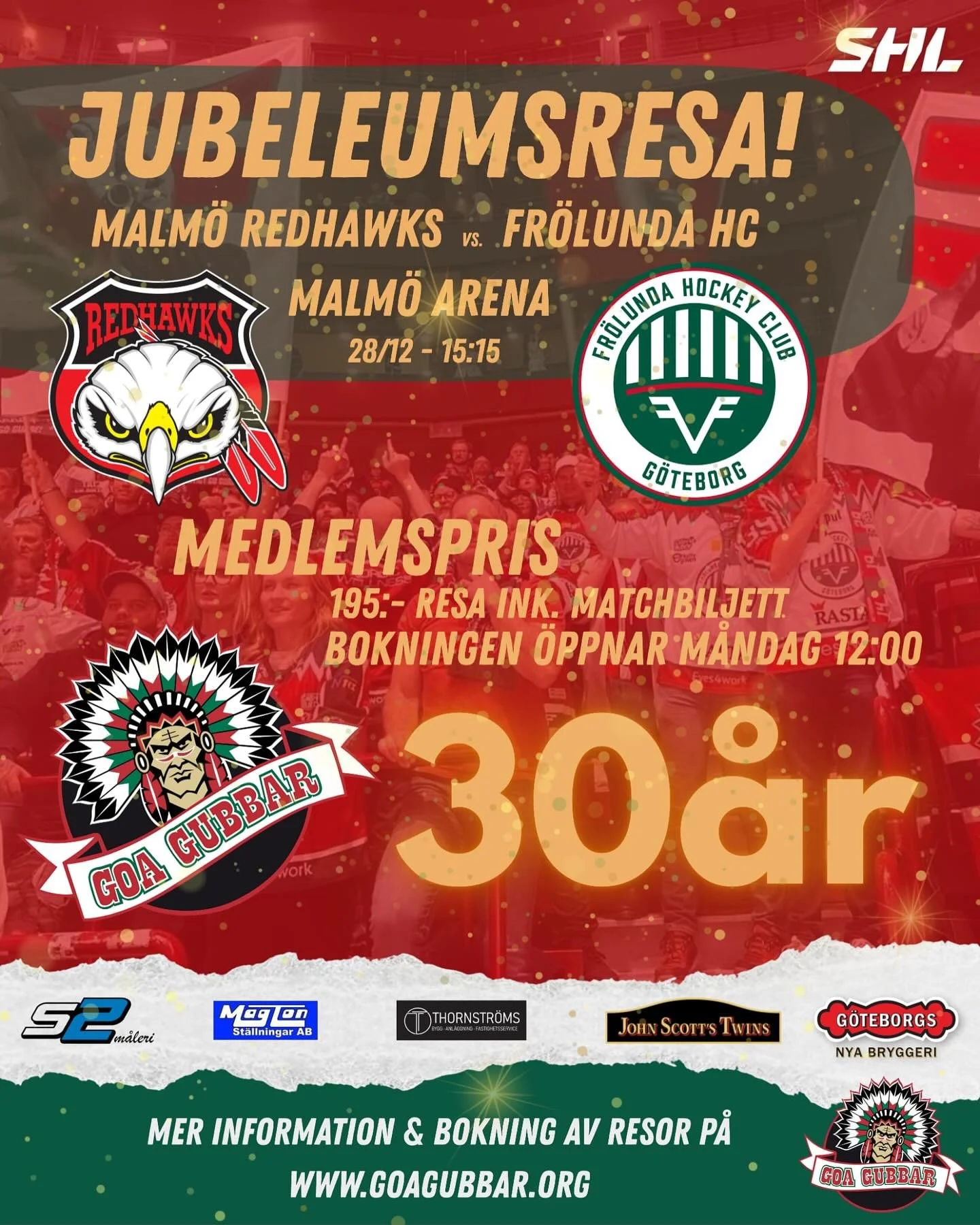 Jubeleumsresa, medlemmar &aring;ker f&ouml;r endast 195 riksdaler! (Resa ink. matchbiljett)
Erbjudandet g&auml;ller enbart medlemmar, gamla som nya!
Bokning &ouml;ppnar m&aring;ndag 12:00!