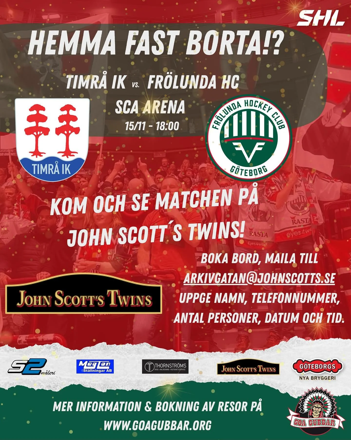 Kom och se matchen p&aring; @johnscottstwins_ Boka bord kan ni g&ouml;ra genom att maila till arkivgatan@johnscotts.se
Uppge namn, telefonnummer, antal personer, datum och tid.
#fr&ouml;lundahc #timr&aring;ik #shl