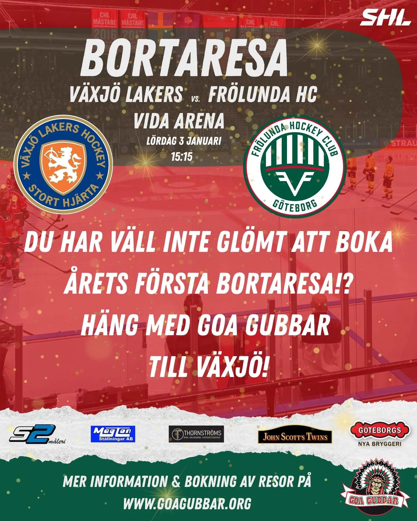 H&auml;ng med p&aring; &aring;rets F&Ouml;RSTA bortaresa! Bussen kan h&auml;mta upp passagerare i Kungsbacka, Varberg eller Falkenberg. F&ouml;r mer information och bokning, bes&ouml;k https://goagubbar.org/boka-resa #fr&ouml;lundahc #v&auml;xj&ouml;