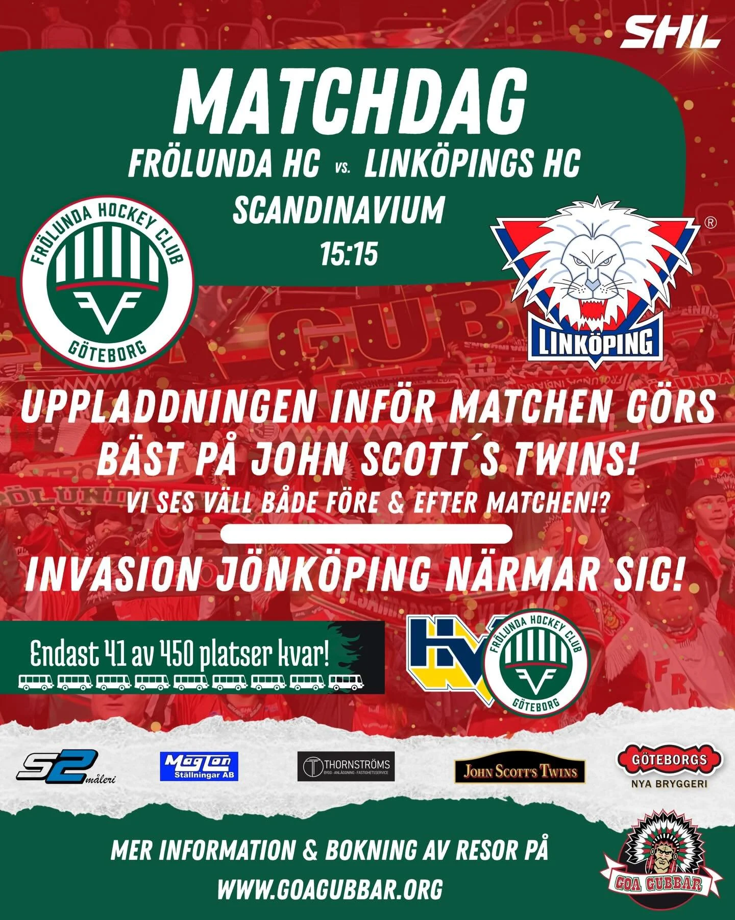 Matchdag!
Att g&ouml;ra:
Uppladdning p&aring; @johnscottstwins_ 
Bes&ouml;ka @goagubbar.official vid bordet i Scandinavium f&ouml;r att kika p&aring; rykande f&auml;rsk merch!
Hockey!
Efterfest p&aring; @johnscottstwins_