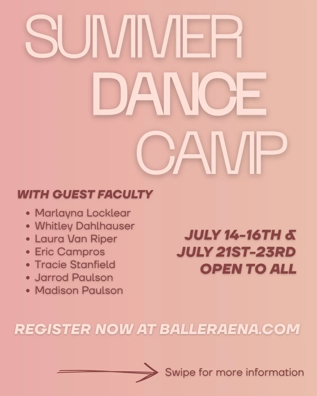 Level up your skills this summer with incredible guest faculty right here in Sioux Falls! 

✨ Open to all, not just Balleraena students 
✨ Register for just one week or both weeks 
 
For more information, visit our website or send us an email!