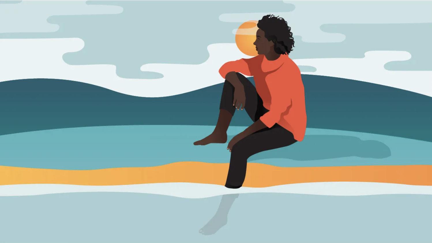 Illustration of person sitting pensive on a beach, foot dipped in the water, looking out at the horizon
