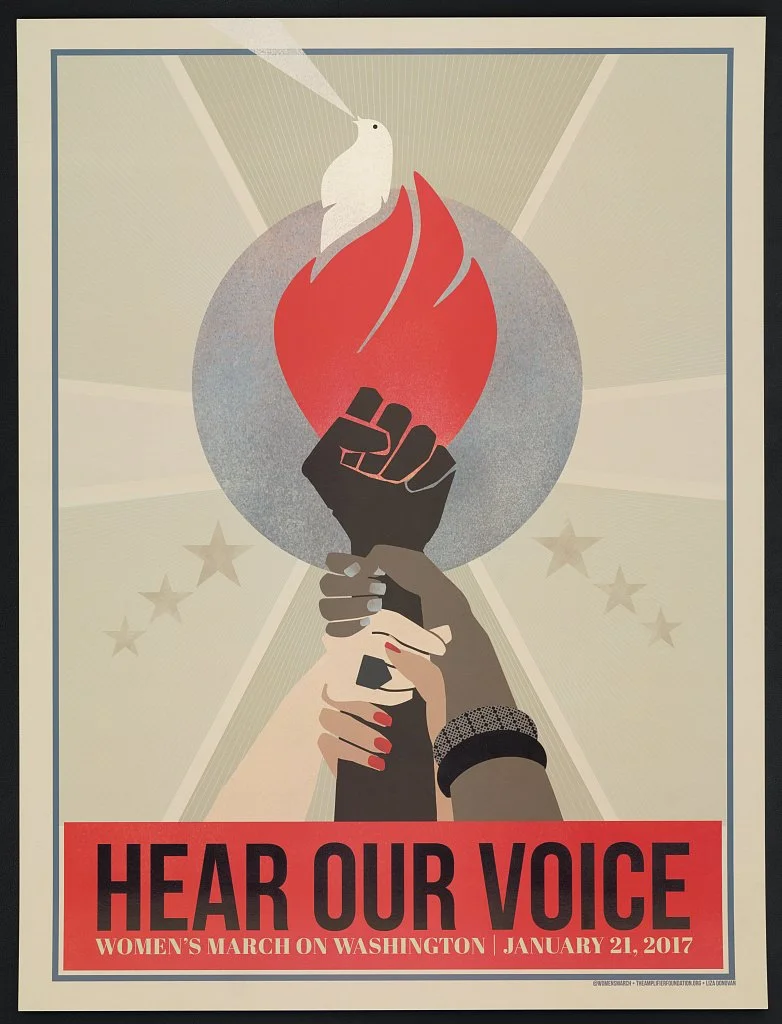 Official poster of the 2017 Women's March shows raised black fist from which a flame ascends, topped by a white dove, and grasped by brown, tan, and beige hands.