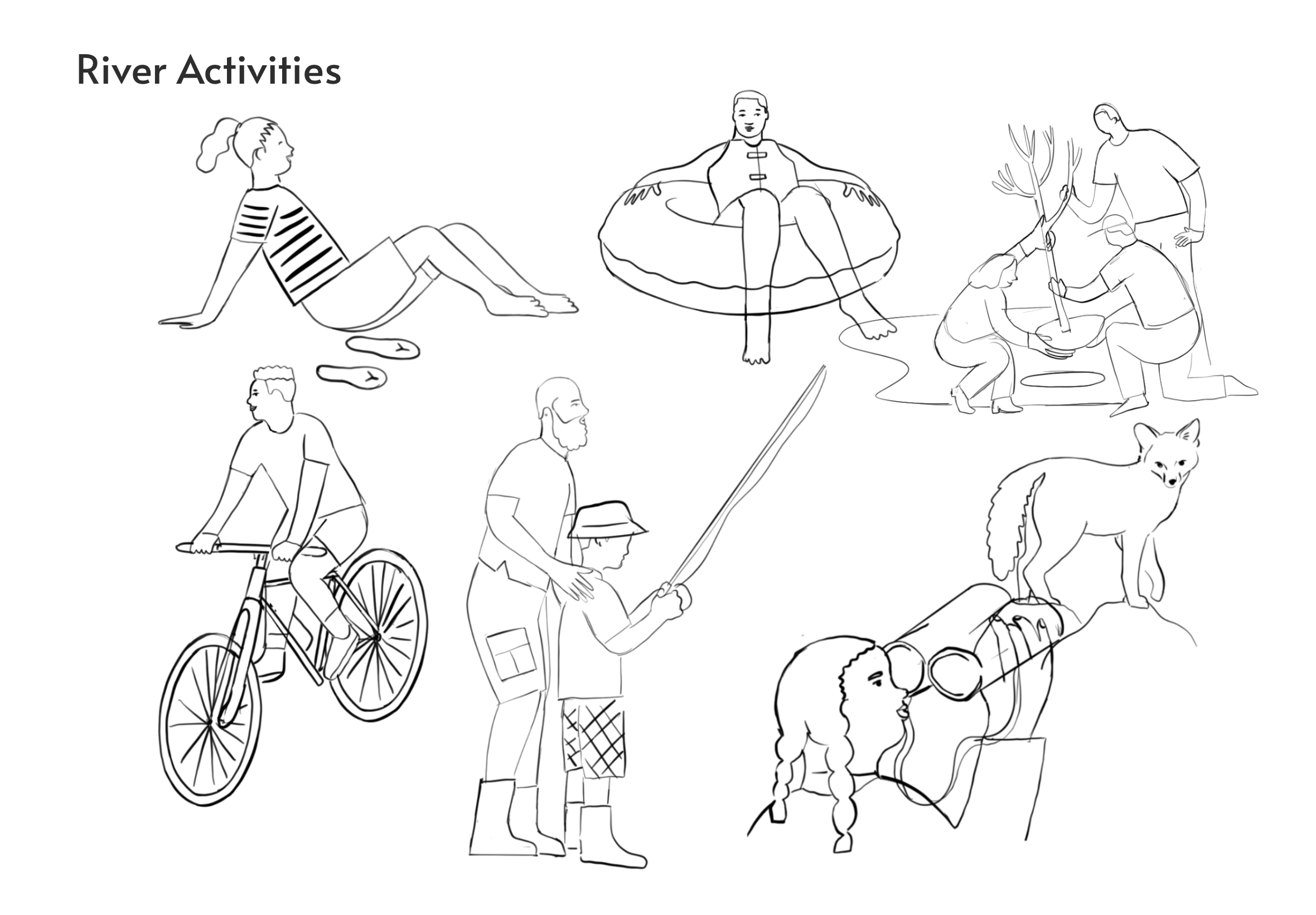 Sketches of river activities for the colouring page: kayaking, fishing, cycling, tubing and birdwatching
