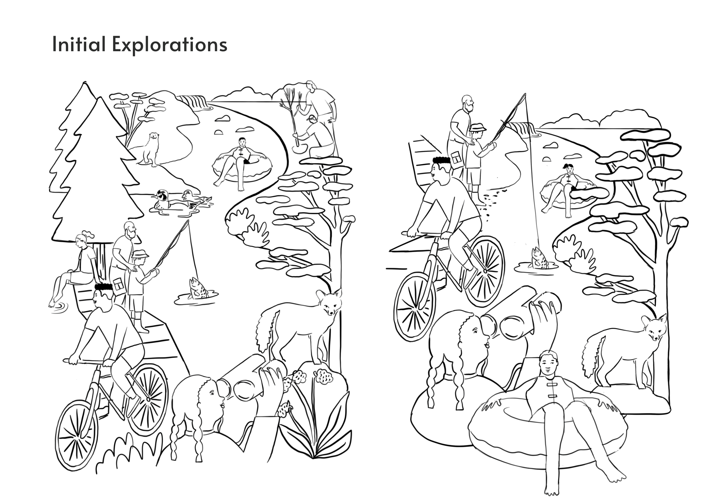 Pencil sketches exploring vertical and horizontal layouts for the RiverLands colouring page