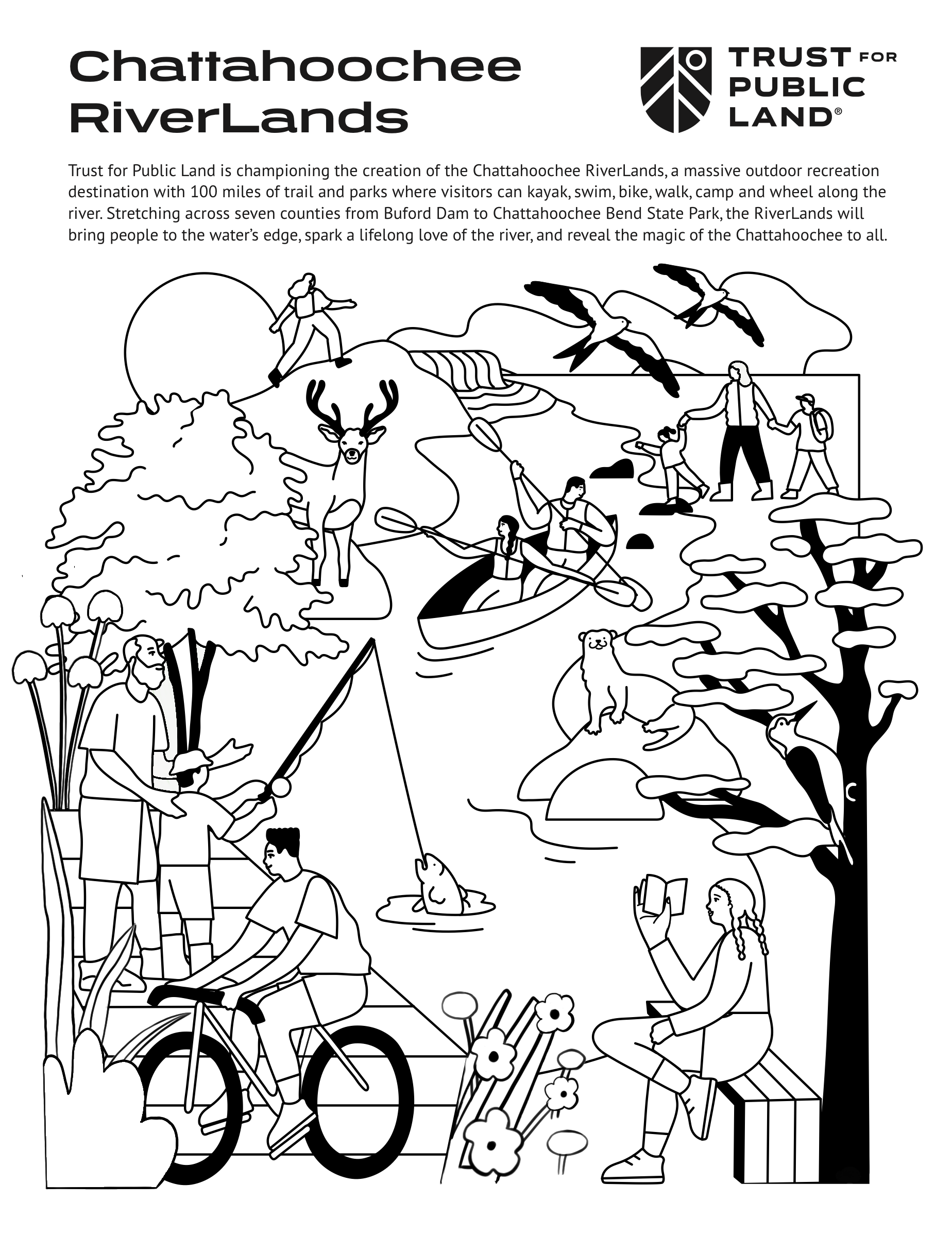 Chattahoochee RiverLands colouring page in black outline: river scene with kayakers, anglers, a cyclist and wildlife, under the Trust for Public Land logo