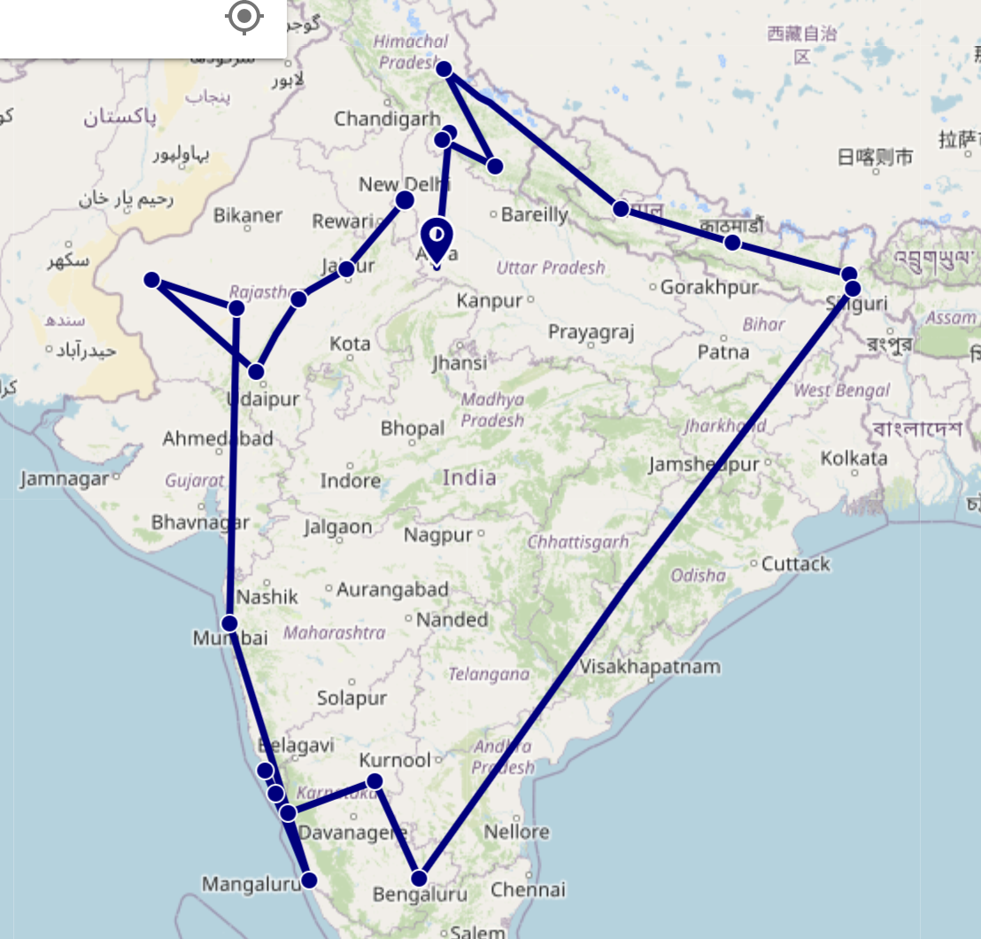 Carte de voyage en Indien avec une ligne reliant plusieurs villes majeures telles que Mumbai, Bangalore, Delhi, Kolkata et Hyderabad.