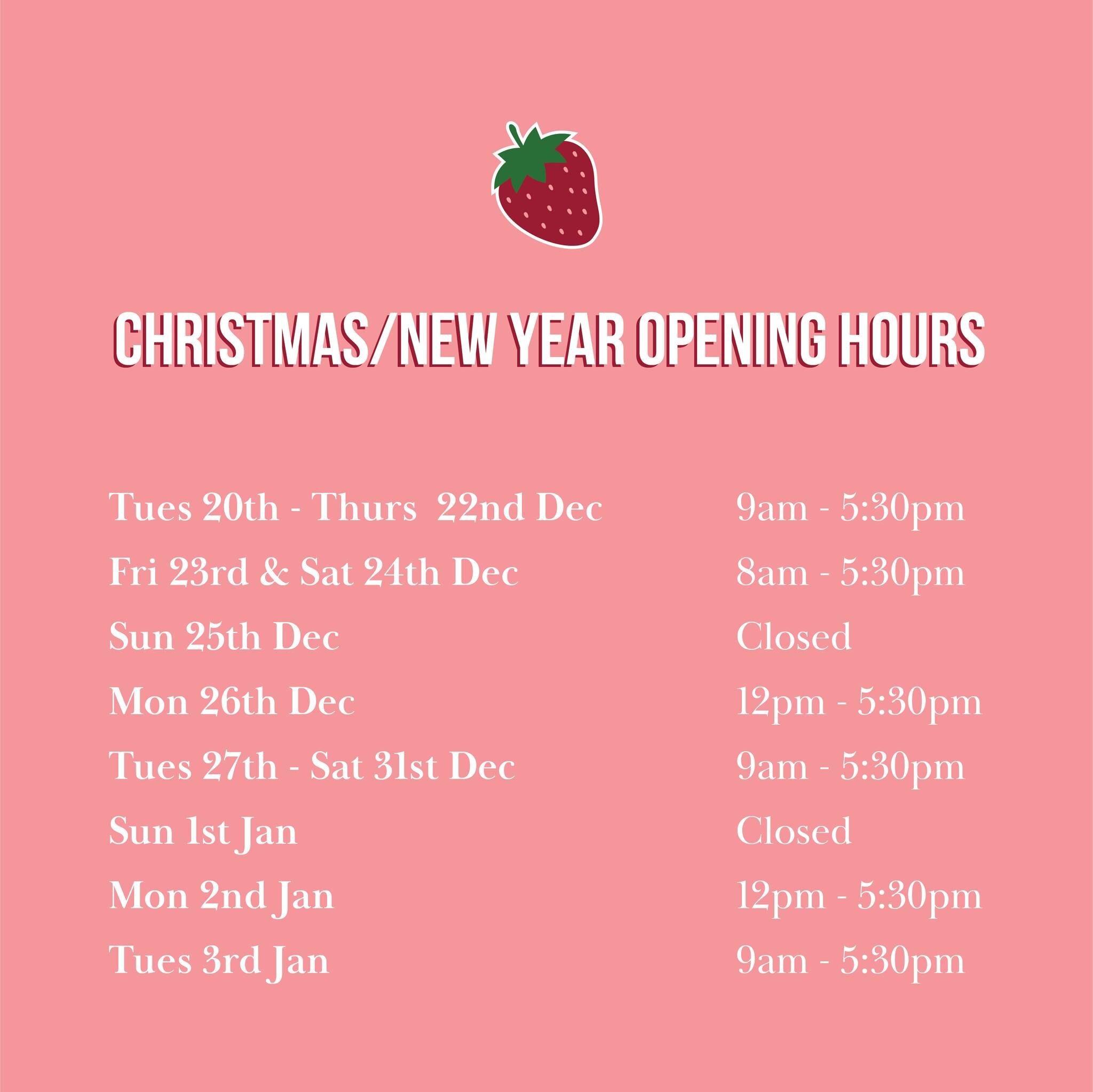 Our Christmas/New Years opening hours. Get in early as it's first in, first served. Pre-packed punnets &amp; PYO will be available 🍓🍦🎅
