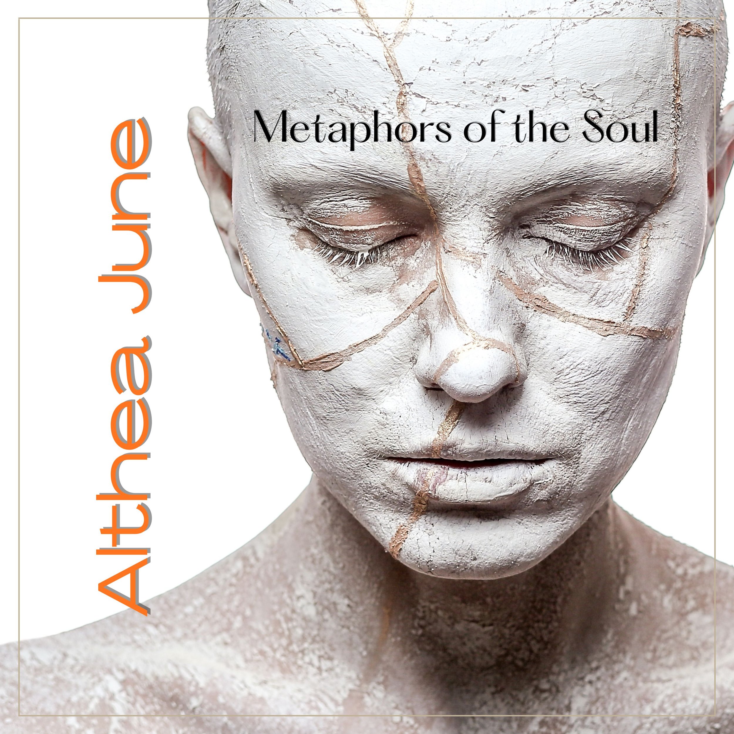 Cover of a book titled "Metaphors of the Soul" by Anthea Juma, featuring a close-up of a person's face with cracked white paint and earthy cracks, eyes closed.