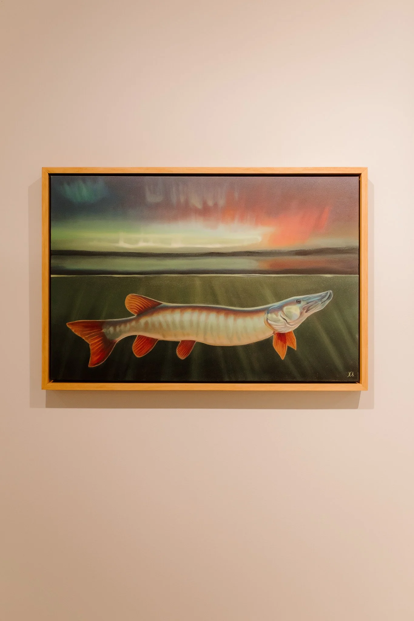Painting of a fish swimming underwater with a sunset and storm clouds in the background.