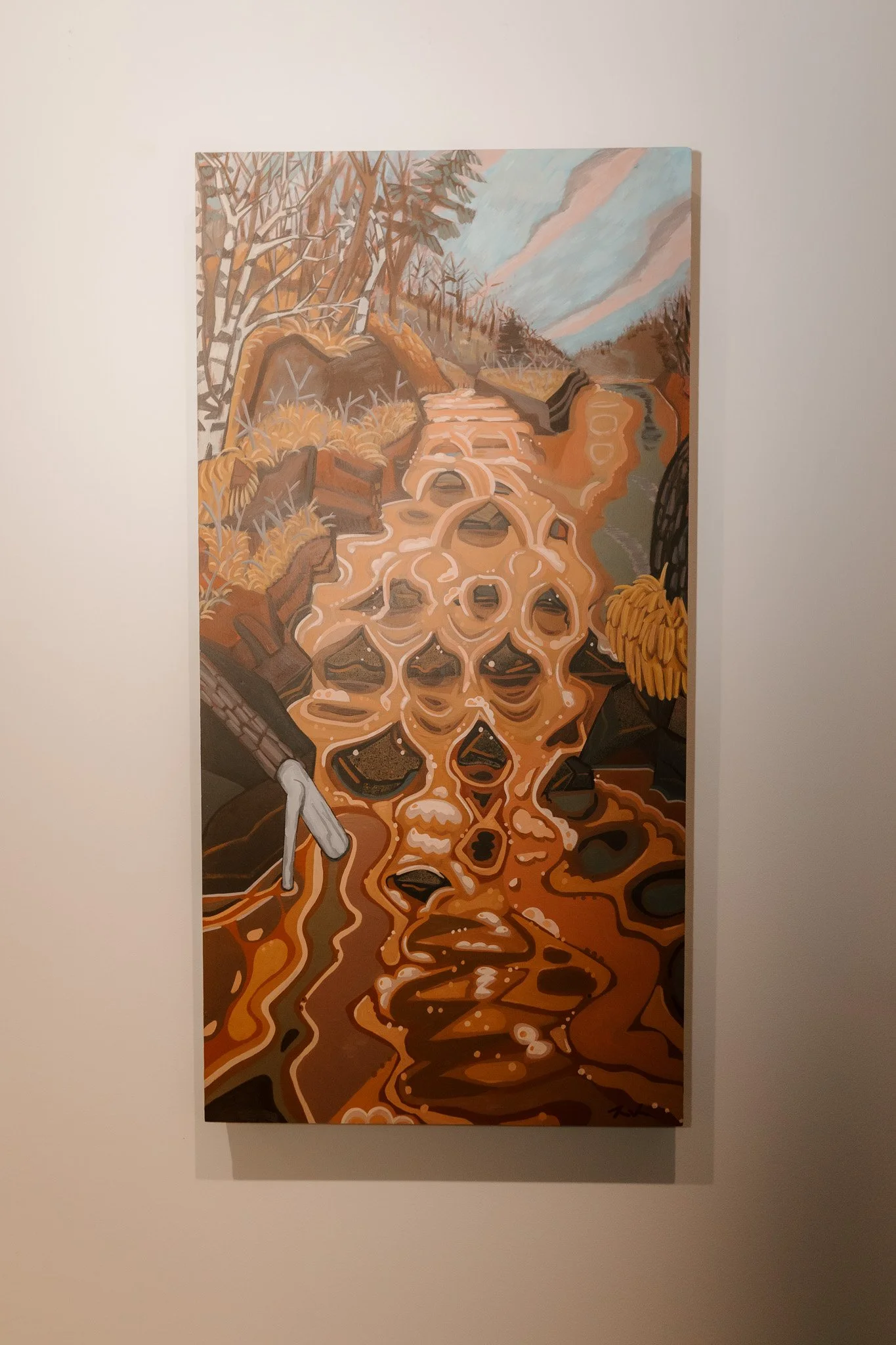 A painting of a flowing stream with multiple small waterfalls, surrounded by trees and rocks, in warm earthy colors.