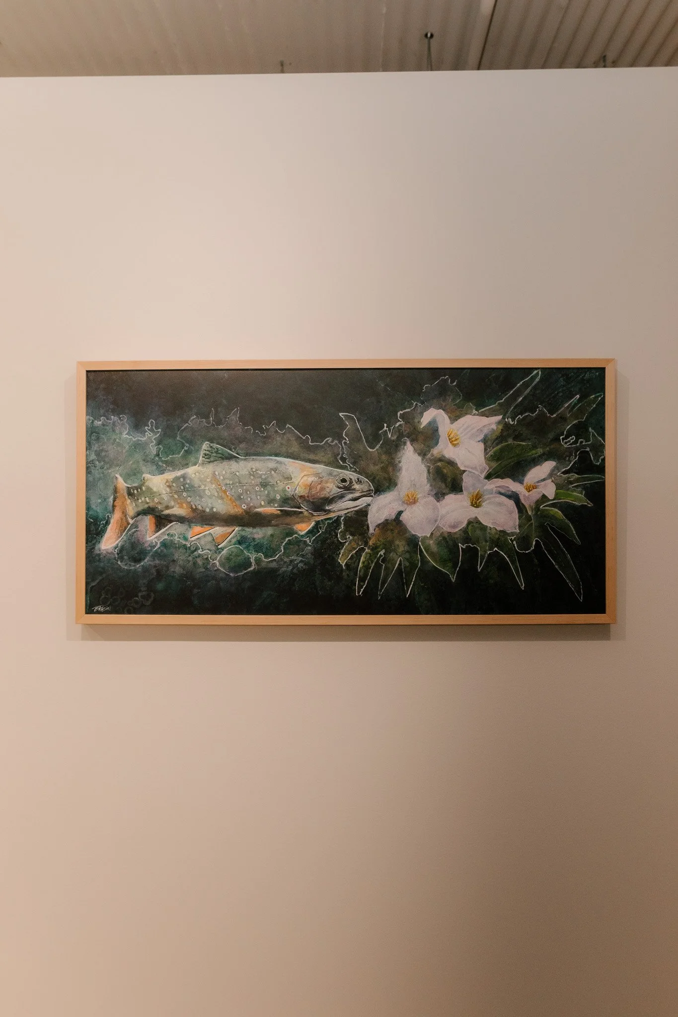 A painting of a fish swimming near white flowers with yellow centers and green leaves, set against a dark background.