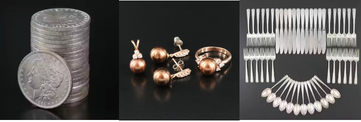 coins, jewelry, silver flatware