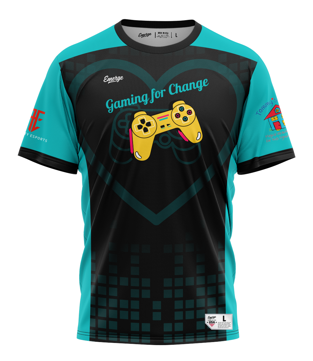 Emerge gaming jersey with the text "Gaming for Change," featuring a yellow game controller and pixelated black background