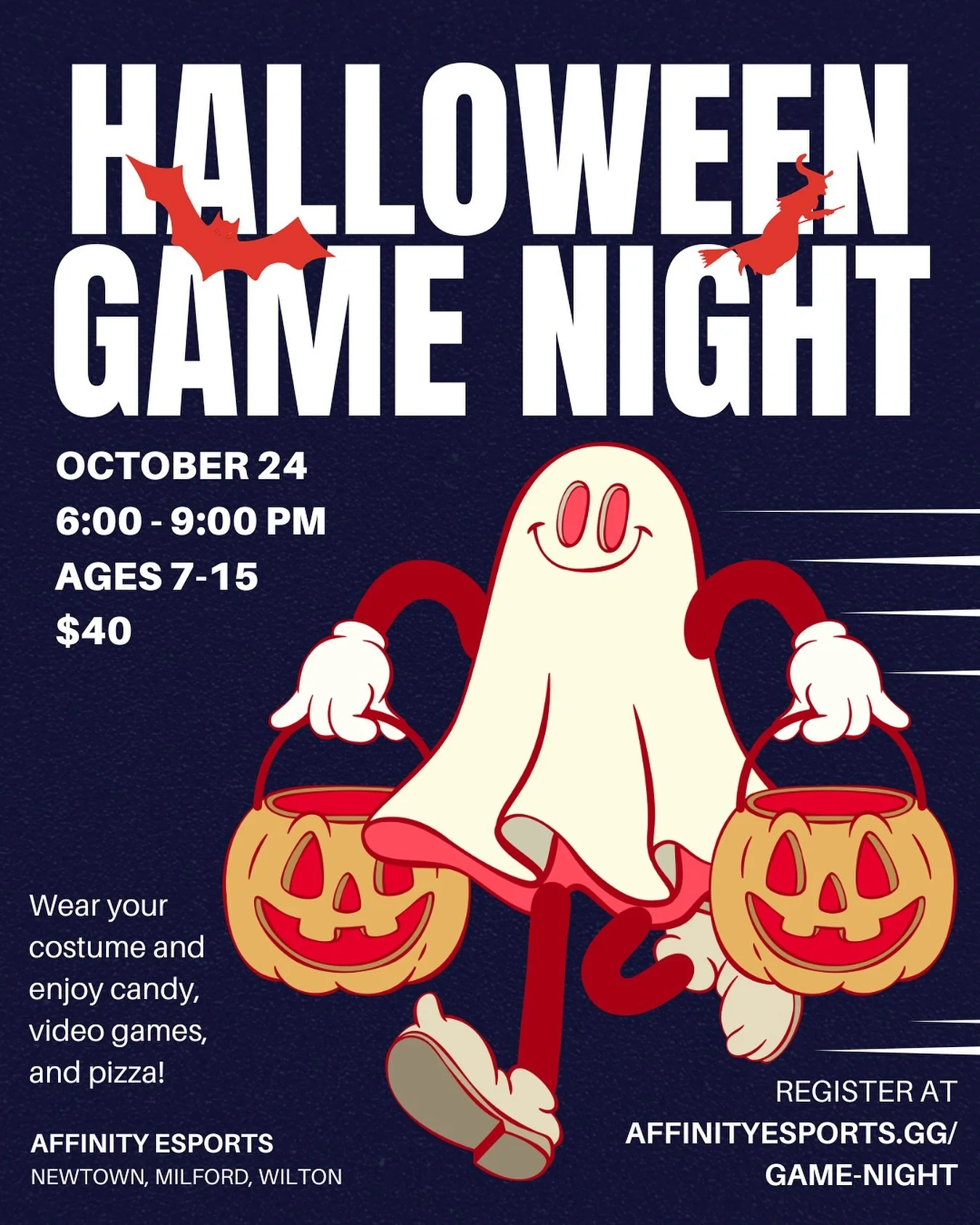 Join us for Halloween Youth Game Night this Friday, October 24 from 6–9 PM at any Affinity Esports location! 🍕🍬
Come in your best costume for a chance to win our Costume Contest. Candy and pizza are on us! 🍭
🎃 Ages 7–15
💀 $40 per pe