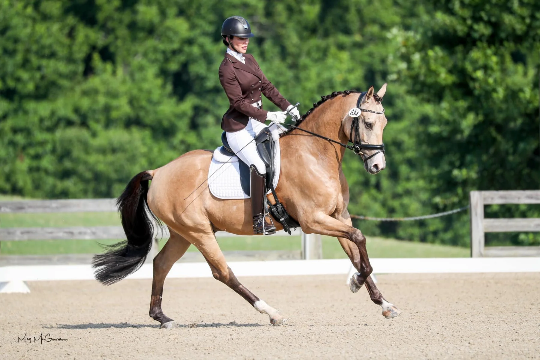 A female equestrian dressed in formal riding attire, riding a light-colored horse during a dressage competition on a sandy outdoor arena, with green trees in the background.