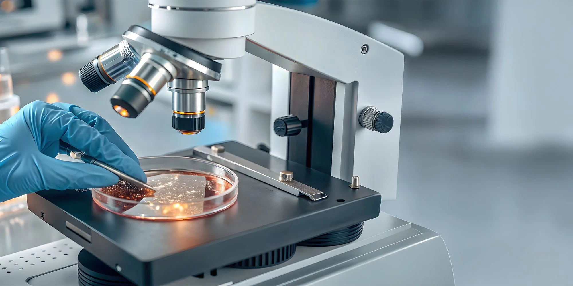 Close-up of a scientist using a microscope with a petri dish.