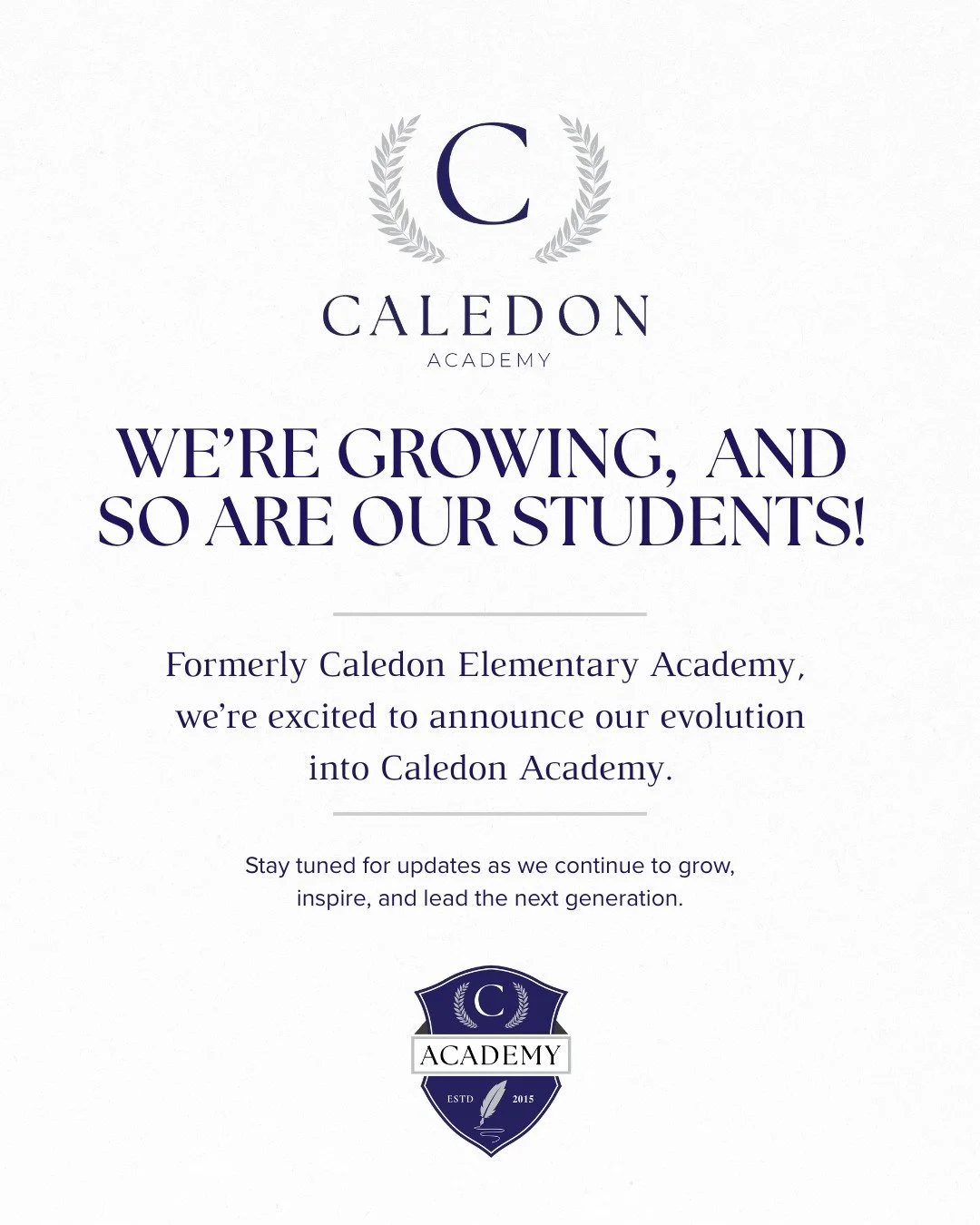 Big news from Caledon Academy!📣 

Formerly Caledon Elementary Academy, we&rsquo;re excited to announce our evolution into Caledon Academy!

From our strong academic foundation to a future that supports students through every stage of their learning 