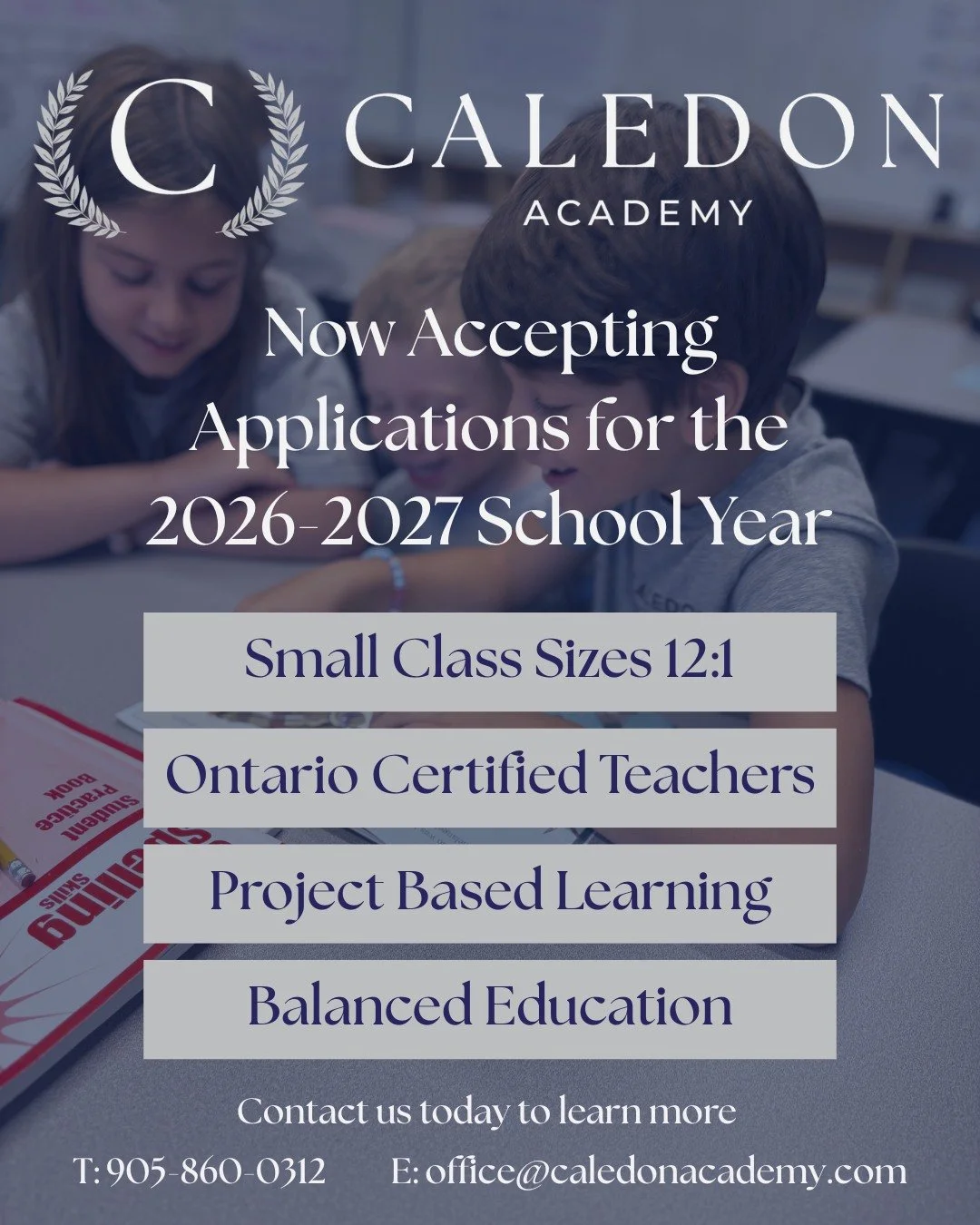Now Accepting Applications for the 2026/2027 School Year 

At Caledon Academy, students learn in a supportive community where smaller class sizes and meaningful learning help every child thrive. Limited spaces available &mdash; contact us to learn mo