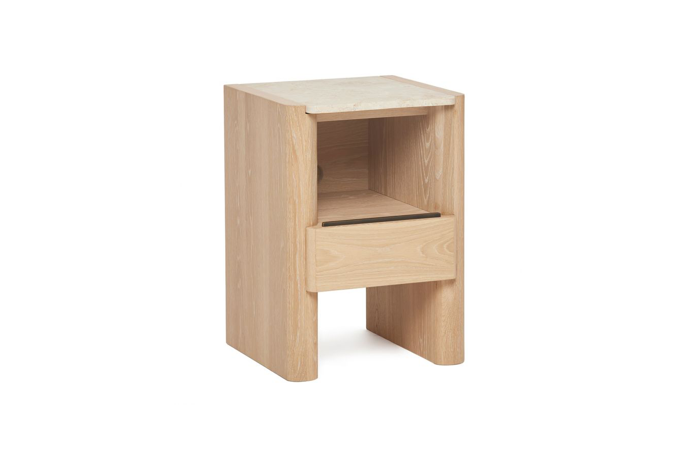 Substantial yet airy, versatile yet luxe, the Arden Small Bedside Chest is crafted of oak in a saddle finish and topped with honey marble.