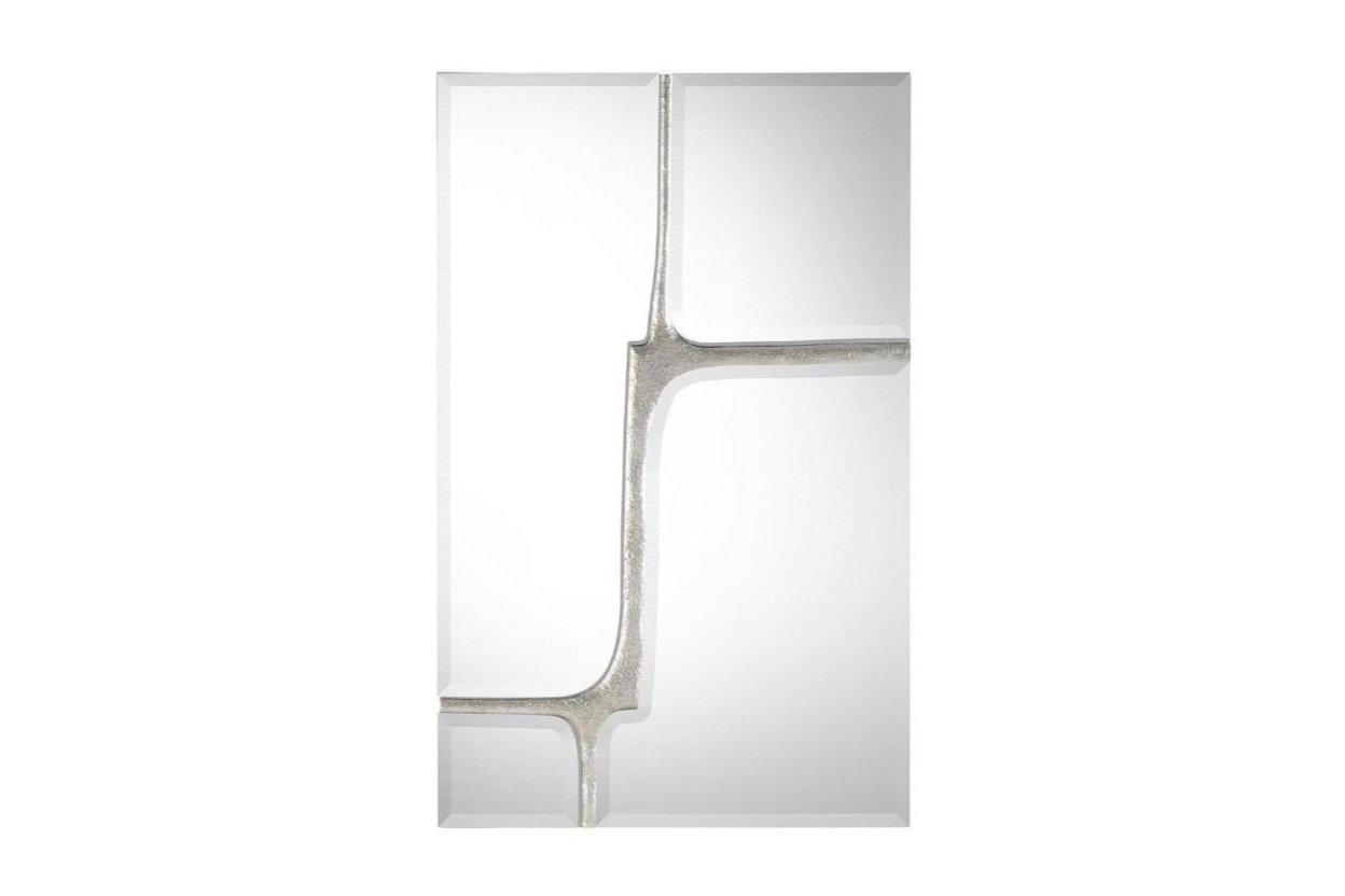 This mirror is divided into four sections by an abstract design in a hammered metallic silver. Slim silver metallic frame.