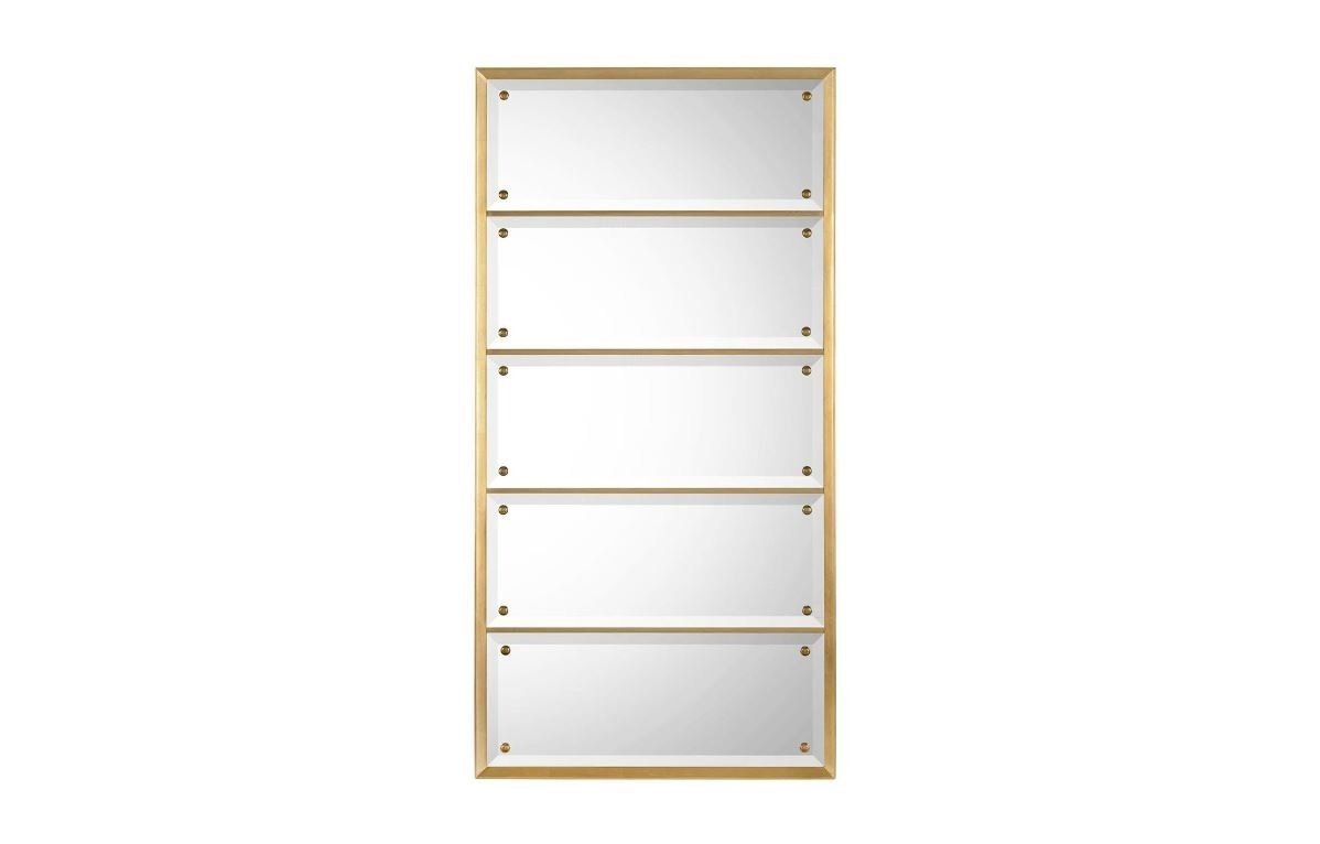 Five stacked rectangular beveled mirrors to create one tall rectangular mirror.