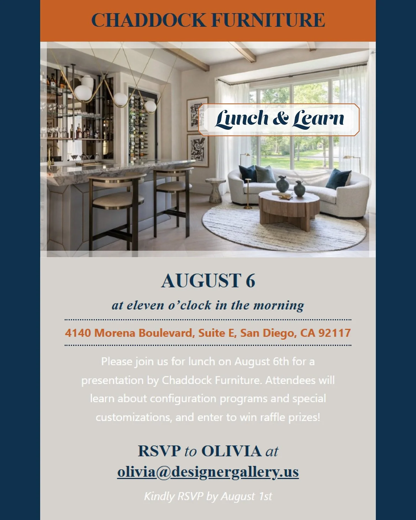 @chaddockhome &amp; Designer Gallery are hosting a designer&rsquo;s presentation! 🤓🍴✏️🍎

Join us for a Lunch &amp; Learn on August 6th from 11AM to 1PM.

RSVP by August 1st to secure your seat! Hope to see you there! 

#studentlife #customfurnitur