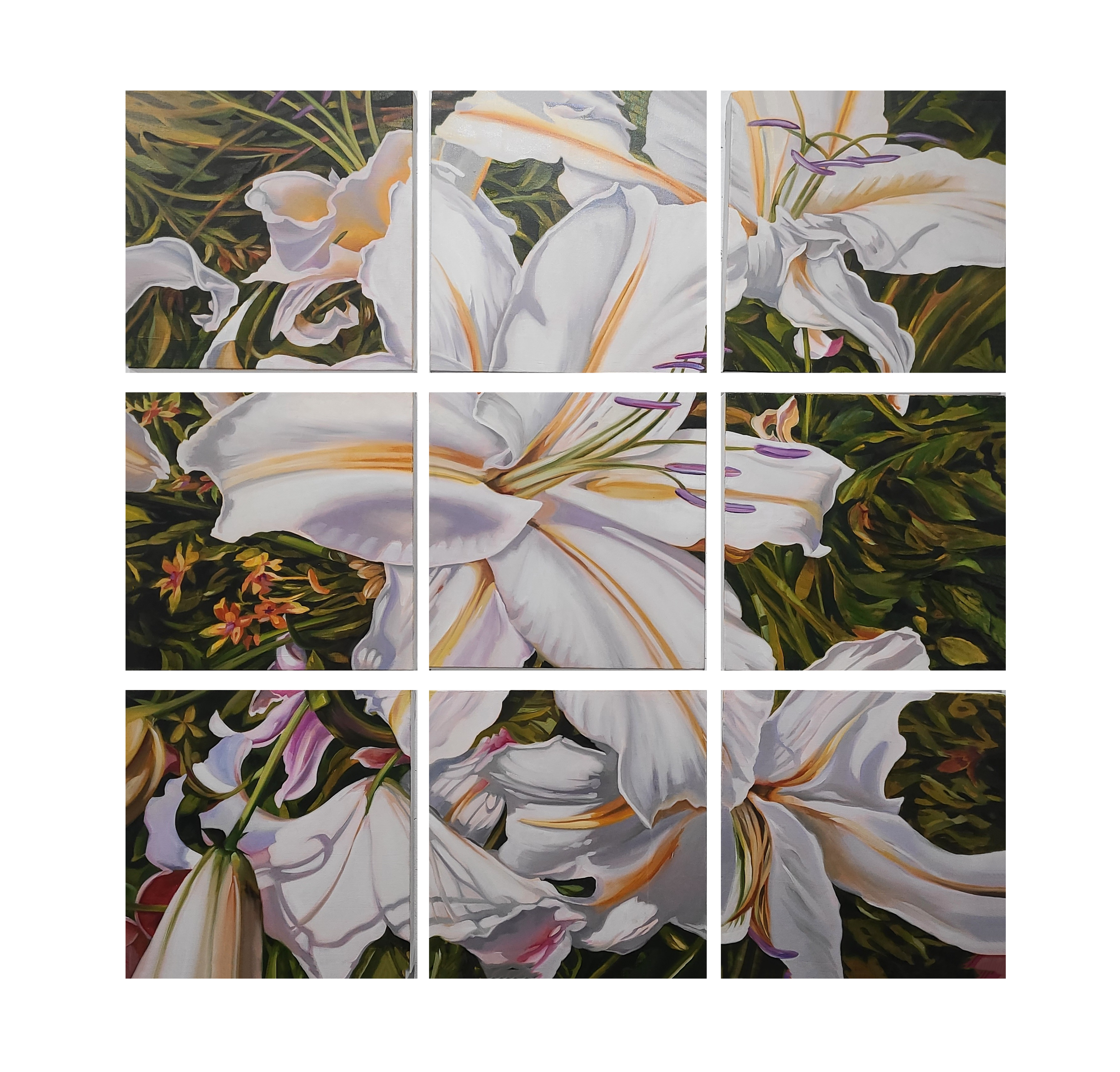Nine single canvases create one large image of a lily garden, focusing on one large blooming flower.