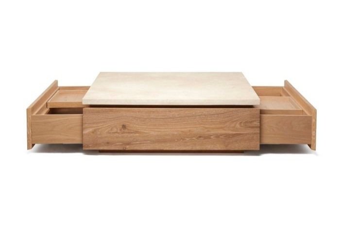 Open drawers showing the storage capabilities of the Branford Cocktail Table made by Interlude Home.