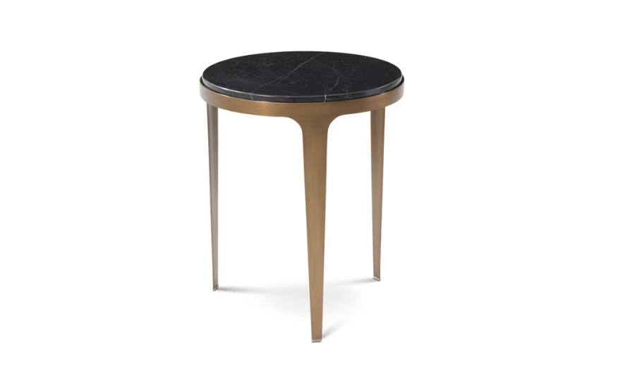 The Theodore Alexander 5012-055 Gennaro Accent Table with its white veined black marble top and Brushed Pyrite finish metal frame.