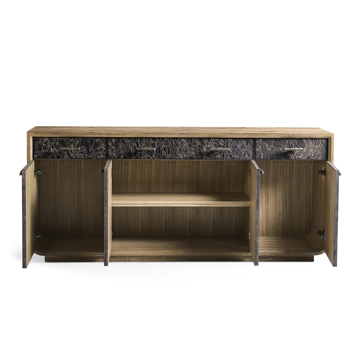 Featuring four doors and three drawers, the Stone Ridge Marble Credenza offers ample storage while serving as a stunning visual anchor in any room.