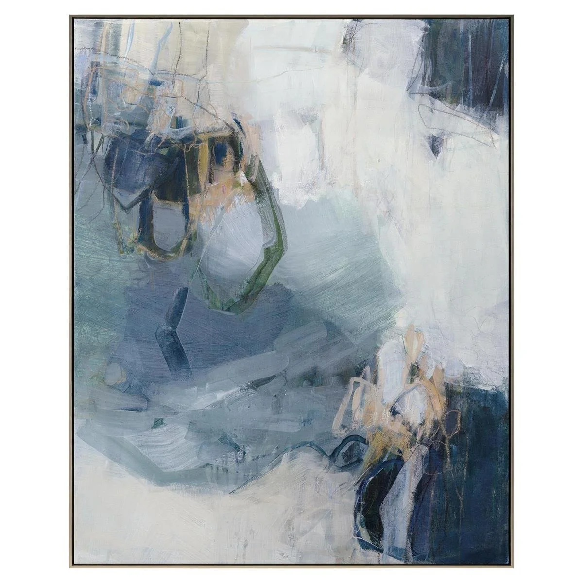 This contemporary artwork is displayed in a sleek Champagne floater frame.