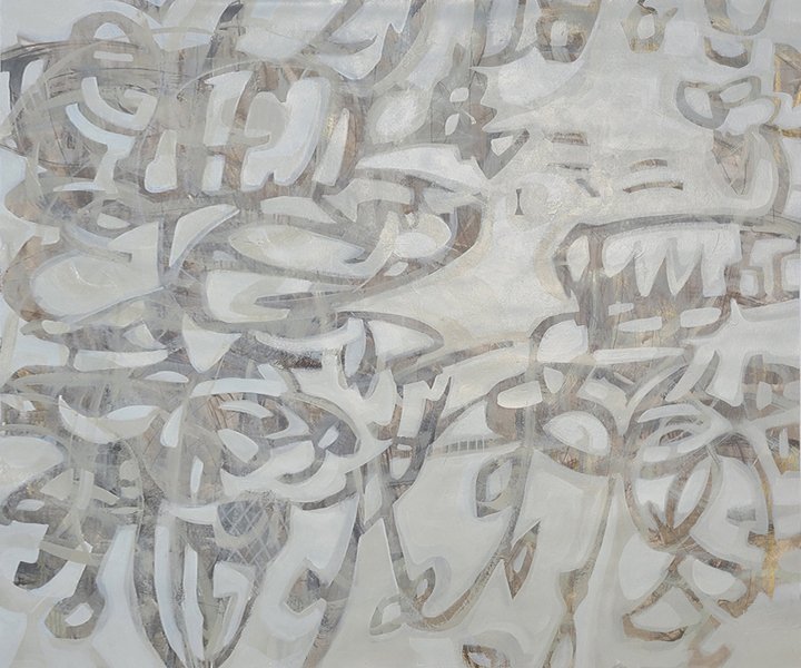 This is a relaxing, easy-on-the-eye painting in soft neutral tones. The composition describes the twisting, turning, knotting & unknotting of the cords that comprise the image.