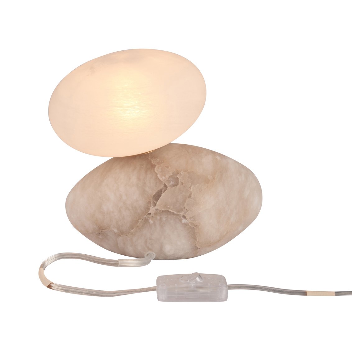 Clear electrical cord coming out of the Aruna Alabaster Lamp, with a line switch.