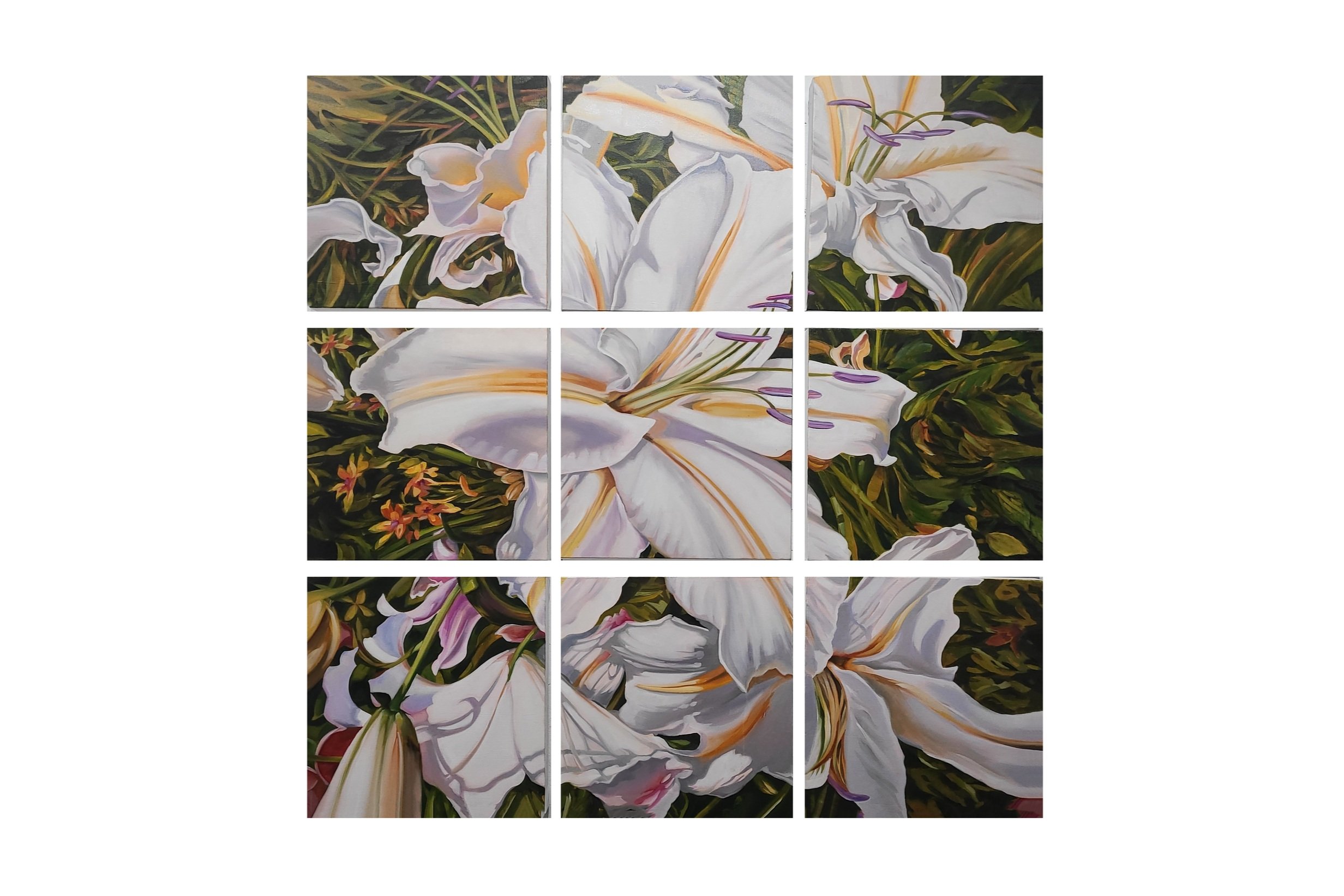 Nine canvases displayed together evoke the viewer’s perspective of gazing through a windowpane, looking into a lily garden.