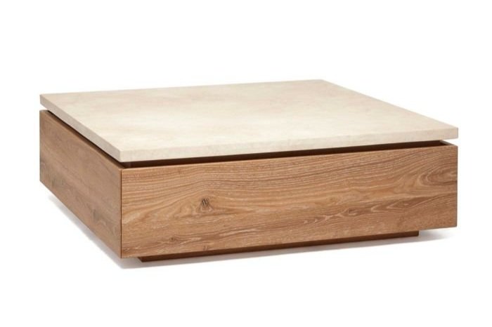 Belying its surprising utility, the great-looking Branford Storage Cocktail Table boasts a honey marble top and a saddle-finished oak base fitted with tucked-away drawers.