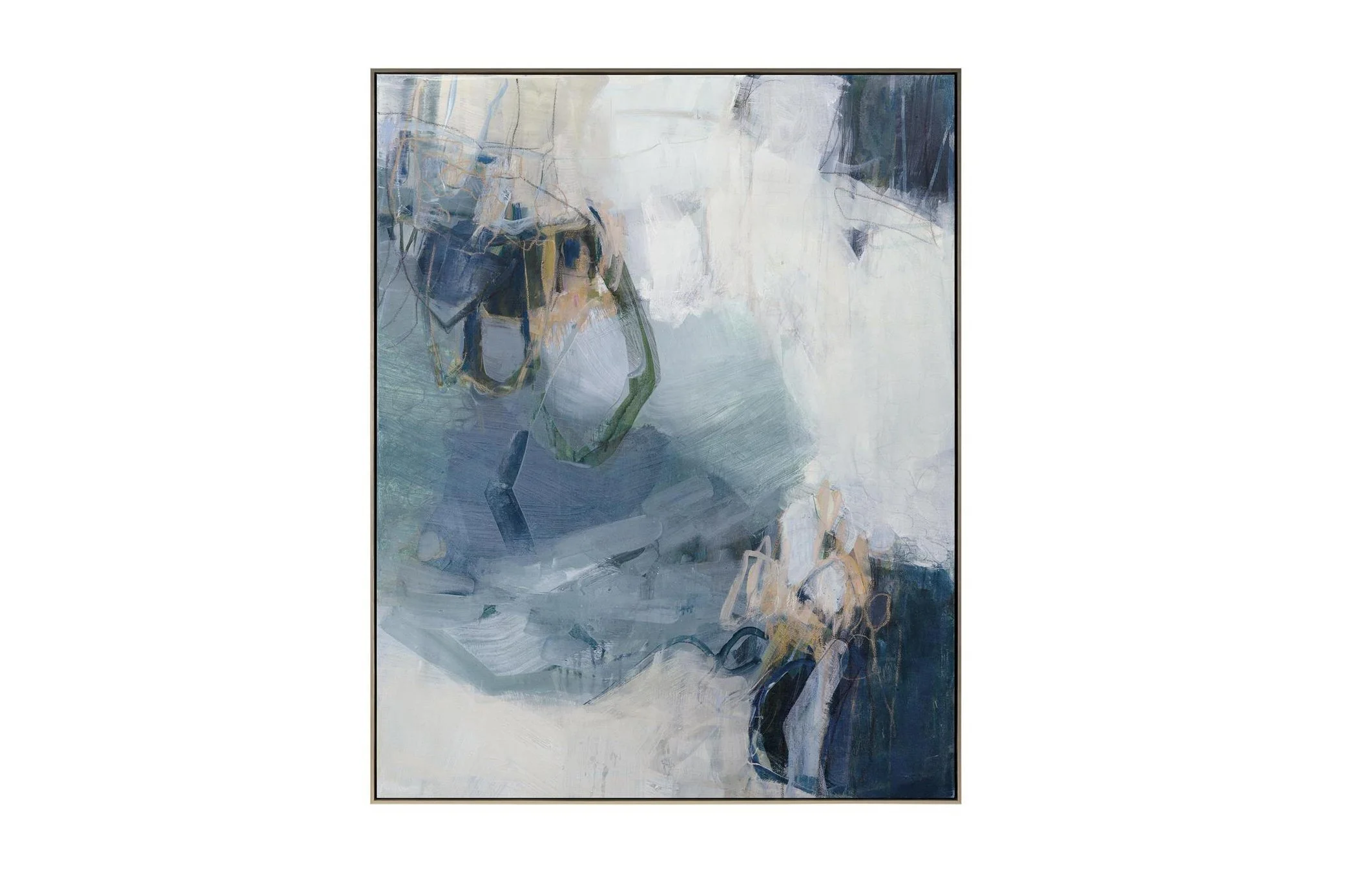 Courage by Shelley Bolton is an abstract print on canvas that showcases a serene blend of cool tones, sweeping across the composition to evoke a tranquil sense of motion.