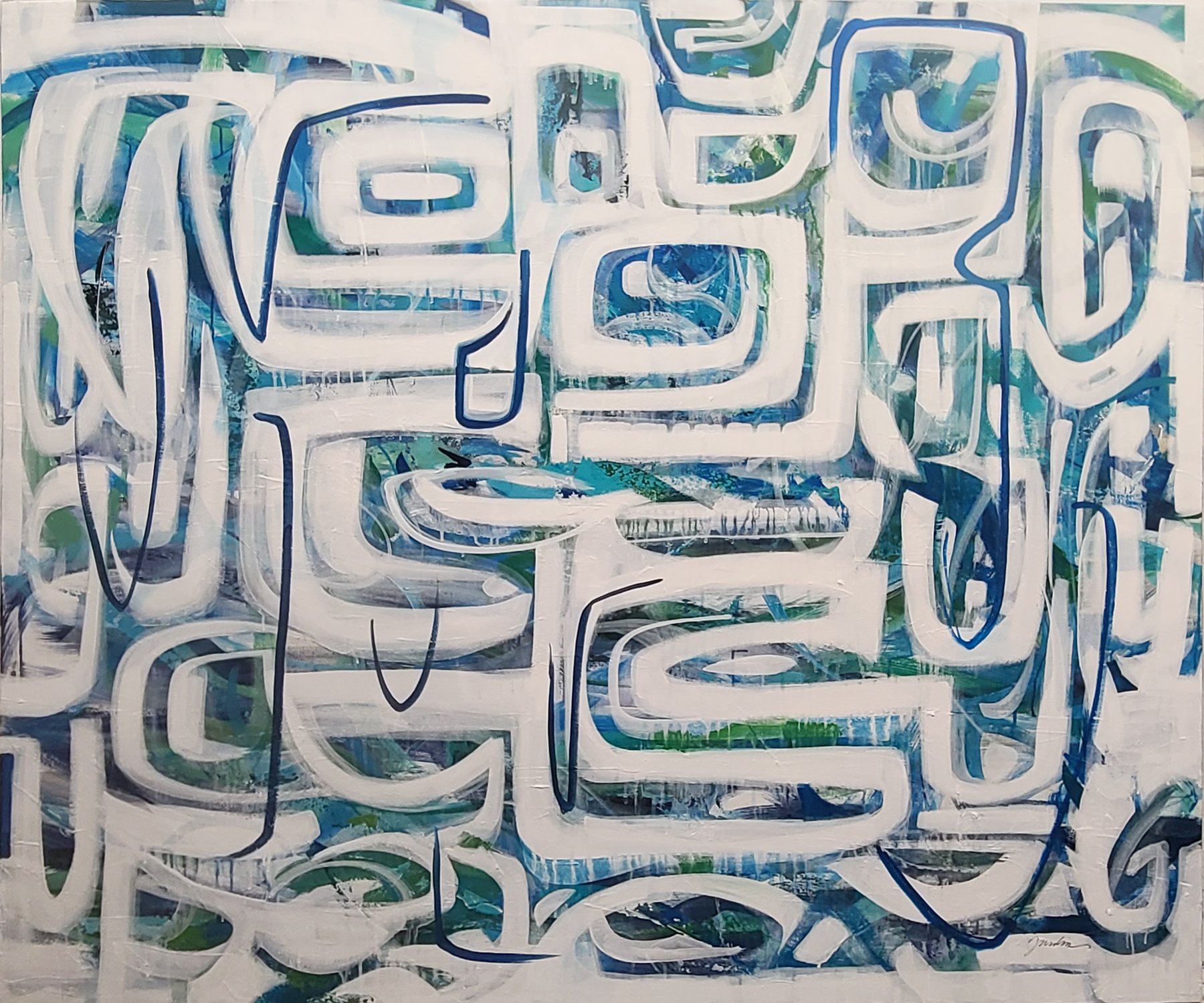 A careful observer will see that the “Maze” partially obscures the painting beneath it, allowing us to glimpse the colorful abstraction below the surface while keeping the chaos in check.