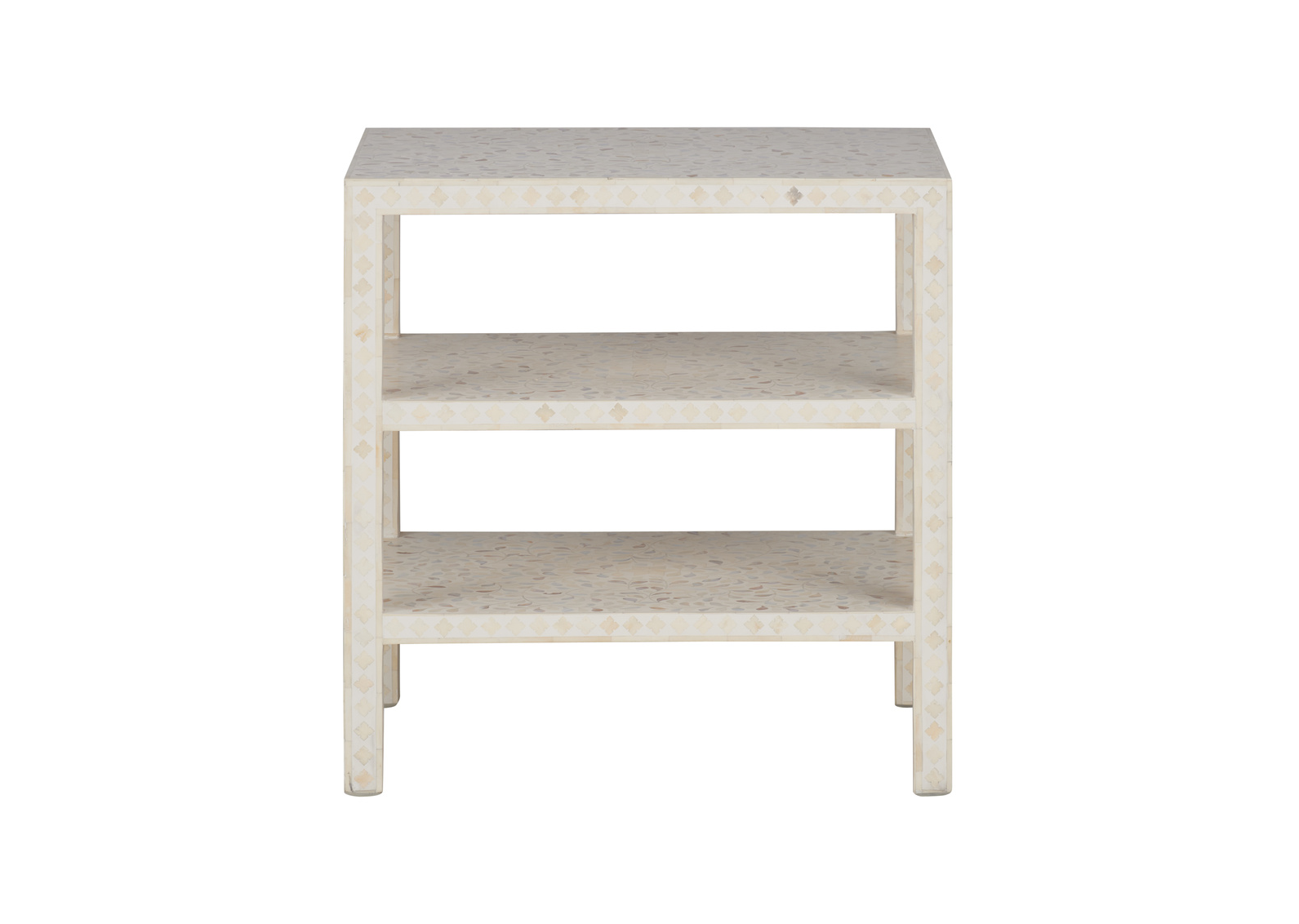 Chelsea House Inlay Side Table three level wood shelves.