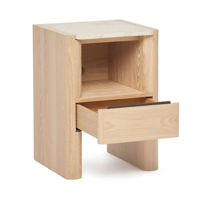 Single open drawer of the Arden Small Bedside Chest by Interlude Home.