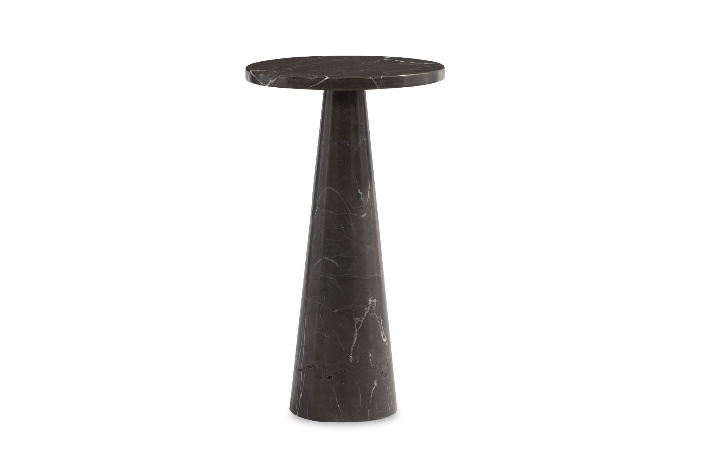 The Petite Pontchartrain Accent Table's cone base nods to architectural influences, showcasing a blend of sculptural aesthetics and practical functionality. The marble material adds timeless elegance.